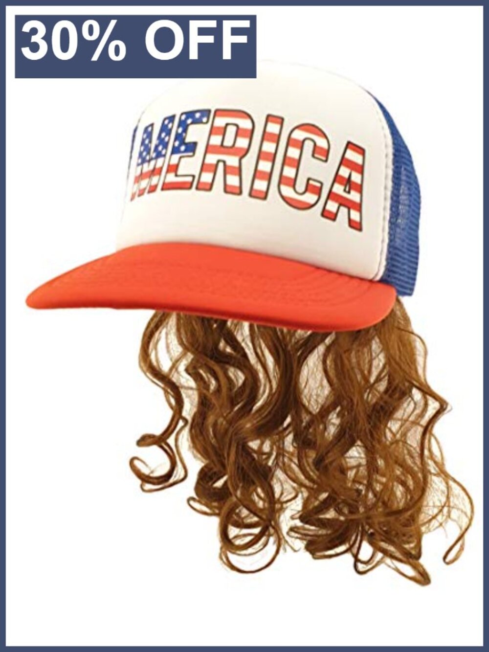 USA Mullet Hat with Attachable Wig Cotton Snapback Novelty Costume Cap